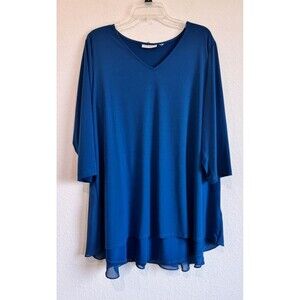 Susan Graver Women's Blue Round Neck Liquid Knit Blouse 3/4 Sleeve *No Size